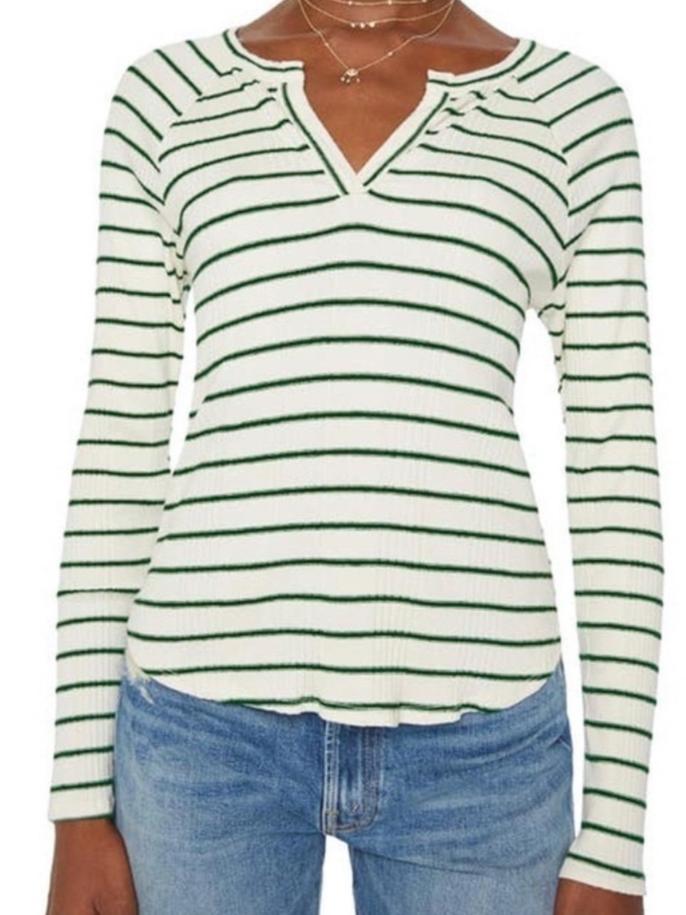 MOTHER DENIM THE SPLIT VARSITY COTTON RIBBED STRIPED LONG SLEEVE TOP MEDIUM